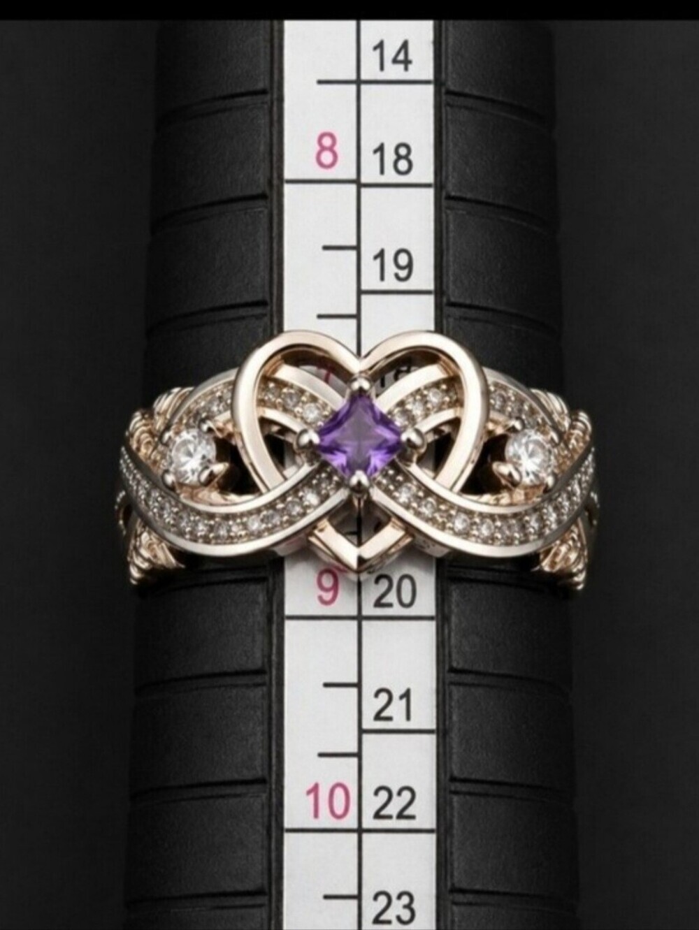 Heart Infinity Ring Purple Gem Rose Gold Size 8.5